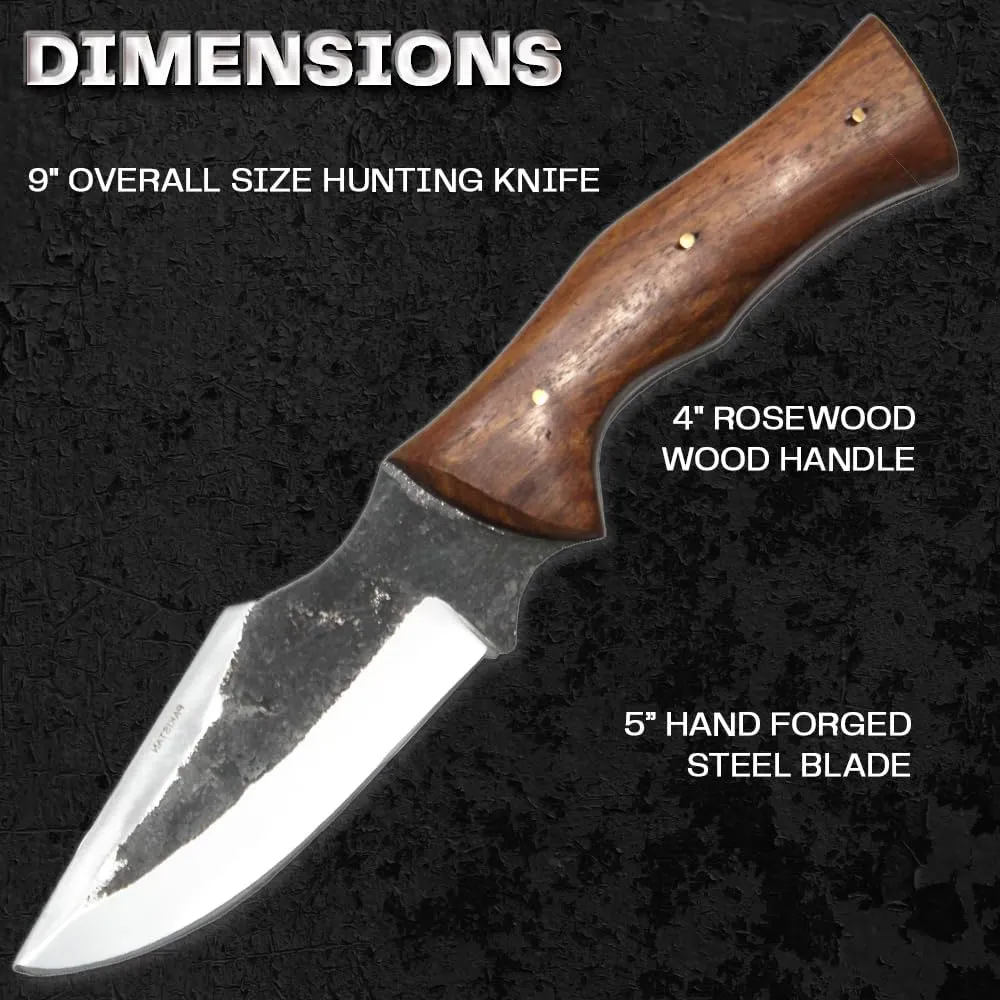 Rtek 9" Hand Forged Rosewood Handle Hunting Knife with Leather Sheath, Full-tang Fixed Blade (9" Finger Grip)