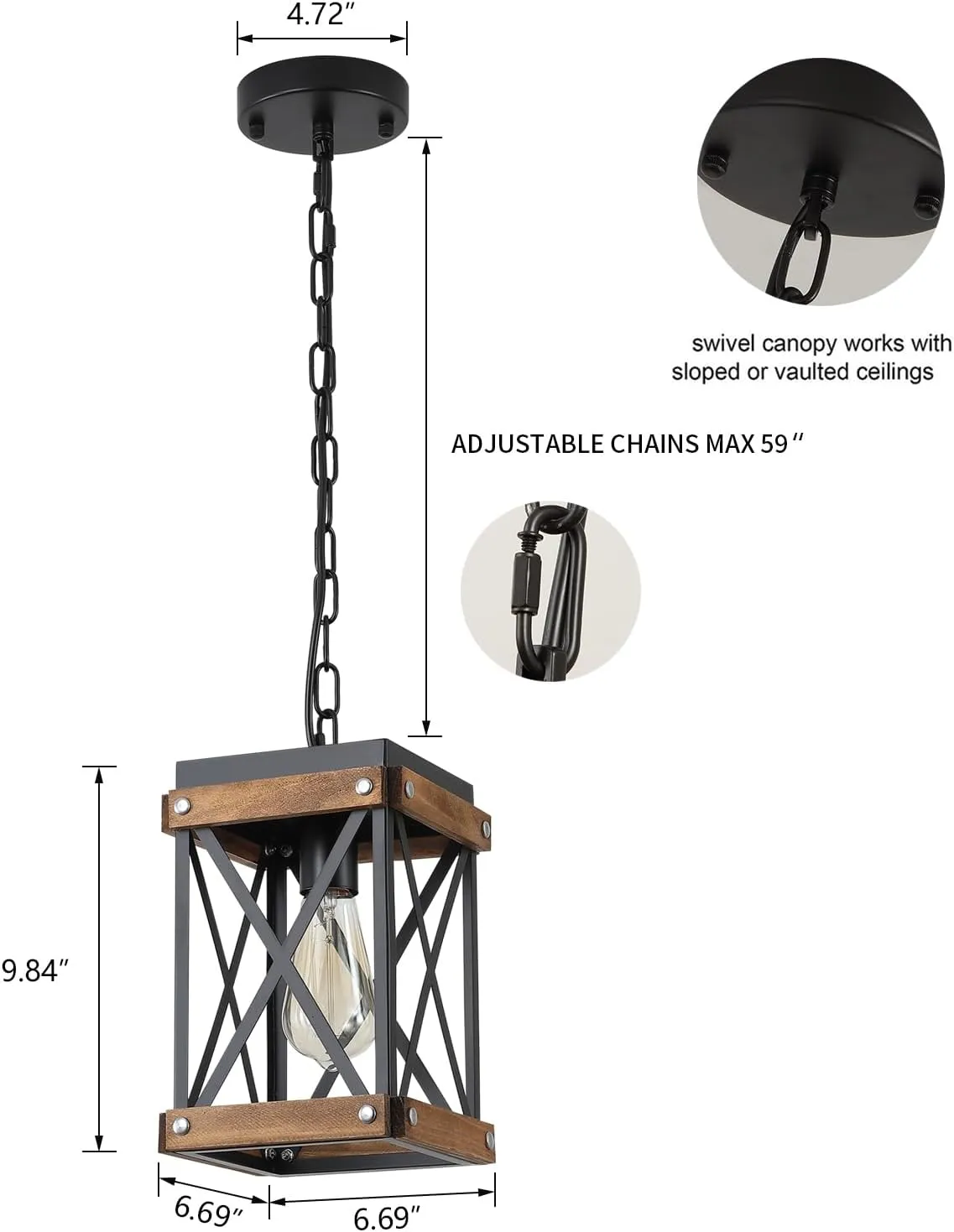 Rustic Farmhouse Wood Pendant Light Fixture One-Light Adjustable Chain Oak Wood and Metal Lantern Cage Small Pendant Lighting for Kitchen Island Sink Hallway Farmhouse Bathroom Bar, Black