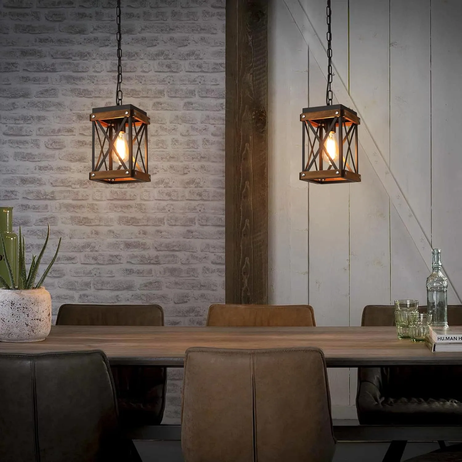 Rustic Farmhouse Wood Pendant Light Fixture One-Light Adjustable Chain Oak Wood and Metal Lantern Cage Small Pendant Lighting for Kitchen Island Sink Hallway Farmhouse Bathroom Bar, Black
