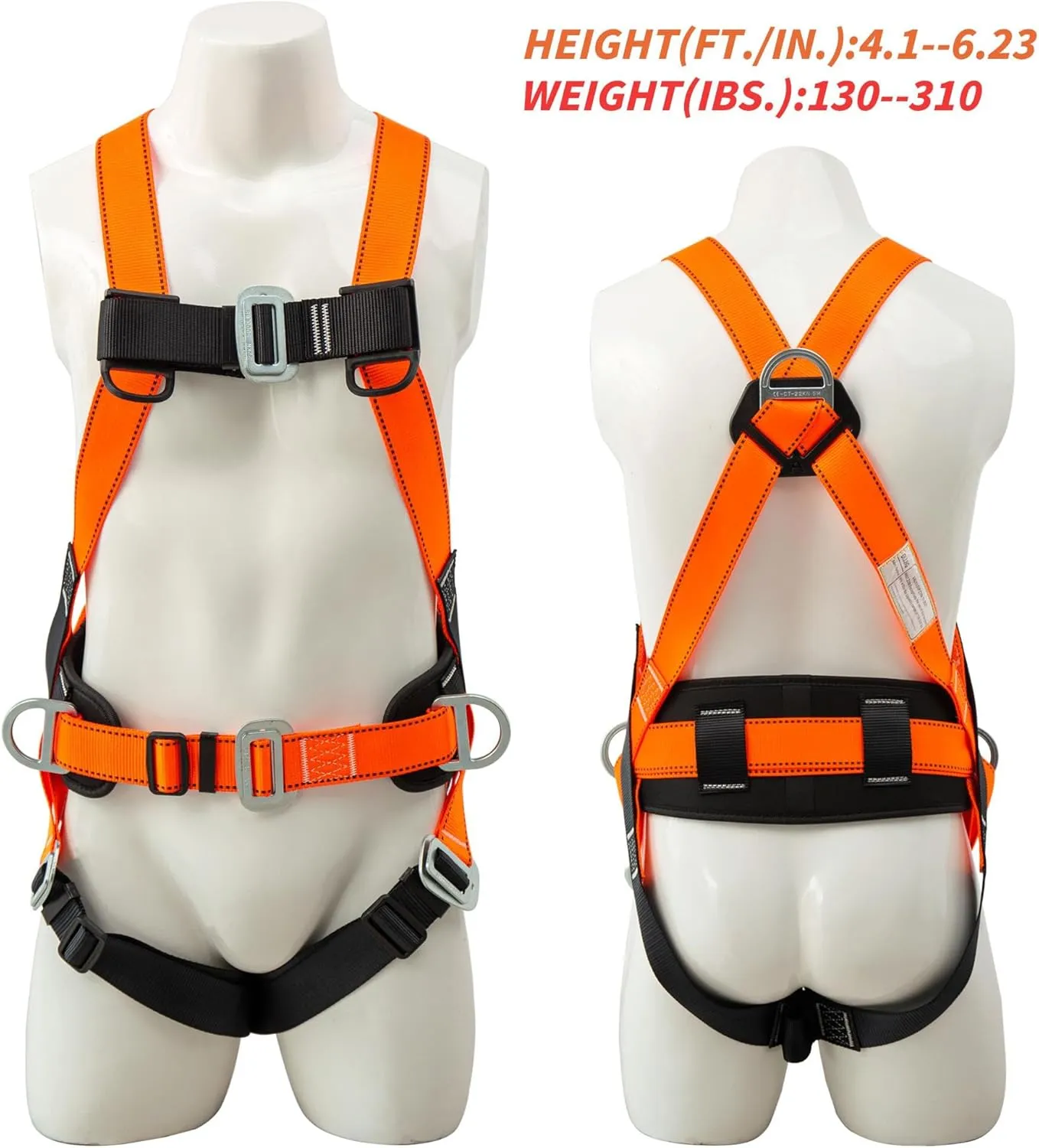 Safety Harness Fall Protection Kit Full Body Roofing Harnesses With Internal Shock Absorbing Lanyard, Orange Safety Harness For Construction OSHA/ANSI Compliant