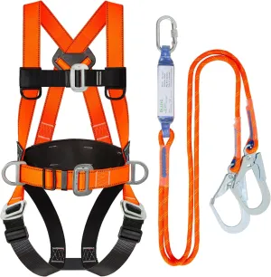 Safety Harness Fall Protection Kit Full Body Roofing Harnesses With Internal Shock Absorbing Lanyard, Orange Safety Harness For Construction OSHA/ANSI Compliant
