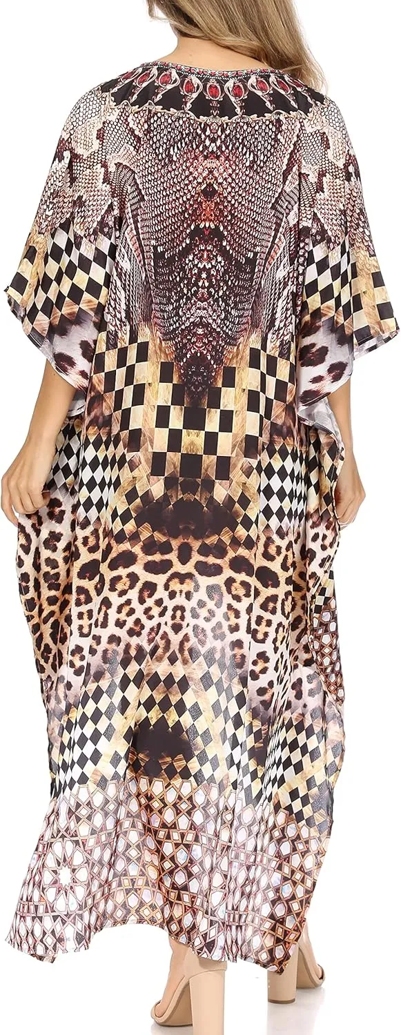 Sakkas Laisson Flowy Hi Low Caftan Rhinestone Boxy V Neck Dress Top Cover/Up