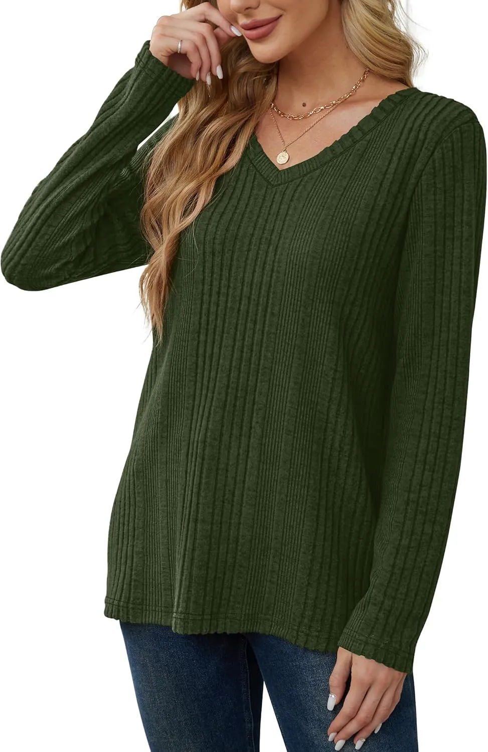 Saloogoe Womens Long Sleeve Tops V Neck Shirts Lightweight Tunic Sweaters Fashion 2024