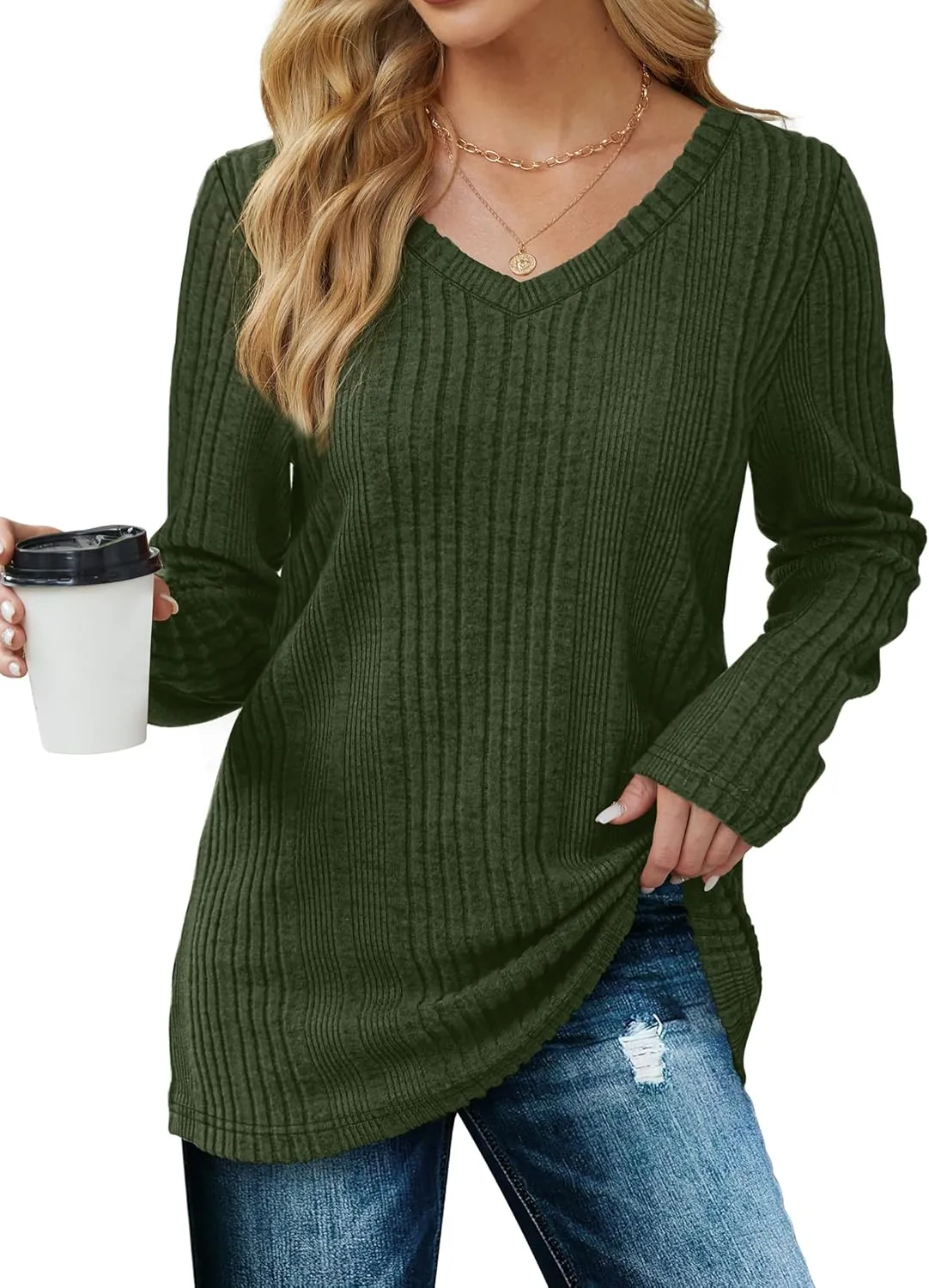 Saloogoe Womens Long Sleeve Tops V Neck Shirts Lightweight Tunic Sweaters Fashion 2024