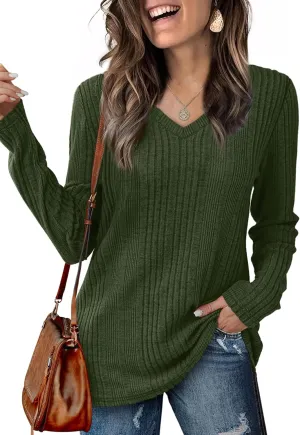 Saloogoe Womens Long Sleeve Tops V Neck Shirts Lightweight Tunic Sweaters Fashion 2024