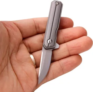 Samior HY004 Mini Folding Pocket Flipper Knife, 1.45 inch Drop Point D2 Blade, Anodized Titanium Handle Frame Lock, EDC Keychain Gift Necklace Pendant Knives, Grey