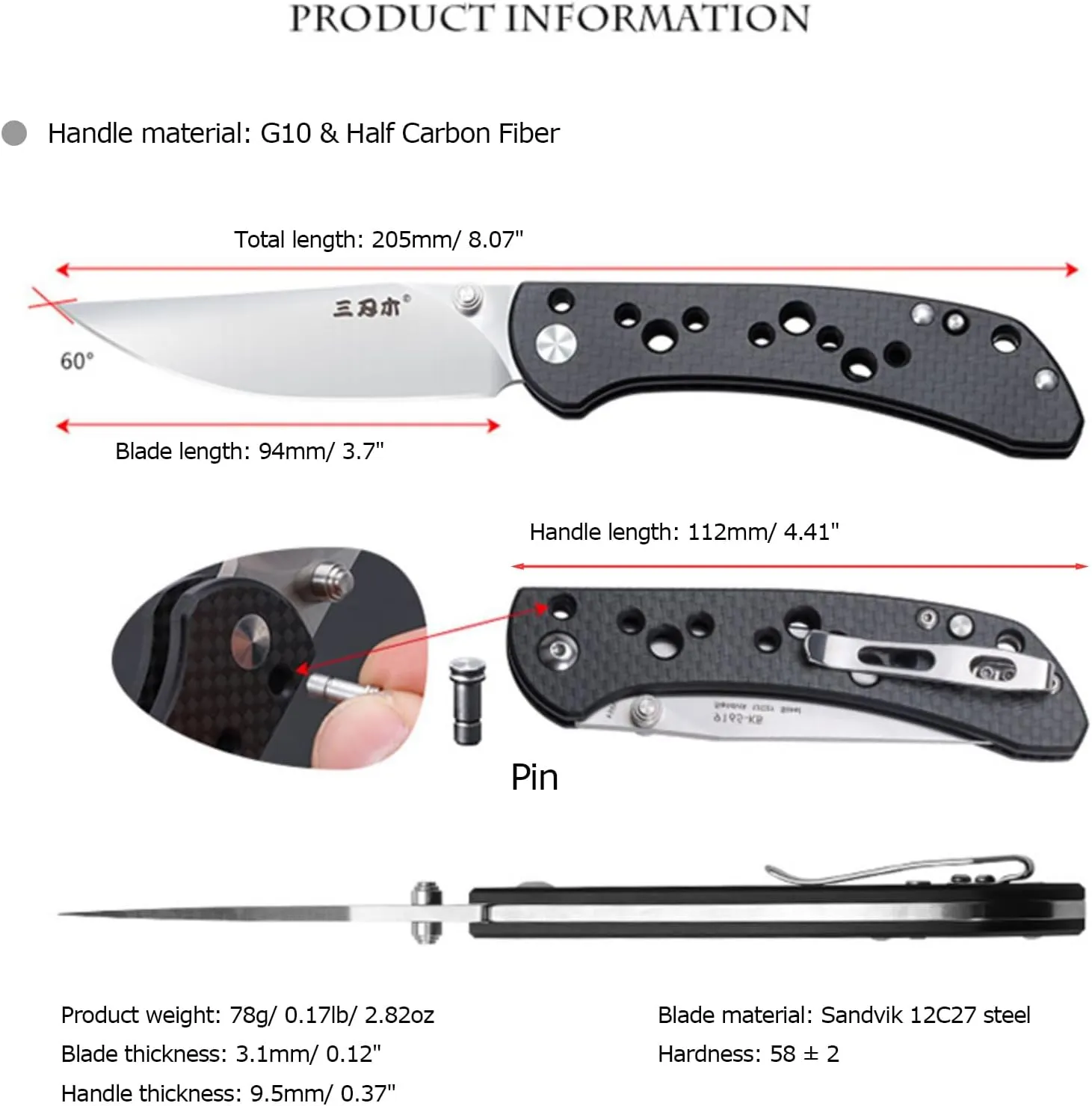 Sanrenmu Folding Pocket Knife for Men, 3.7-inch 12C27 Steel Blade, G10/ Half Carbon Fiber/Aluminum Handle, EDC Sharp Camping Survival Hiking Knife with Pocket Clip (Grey)