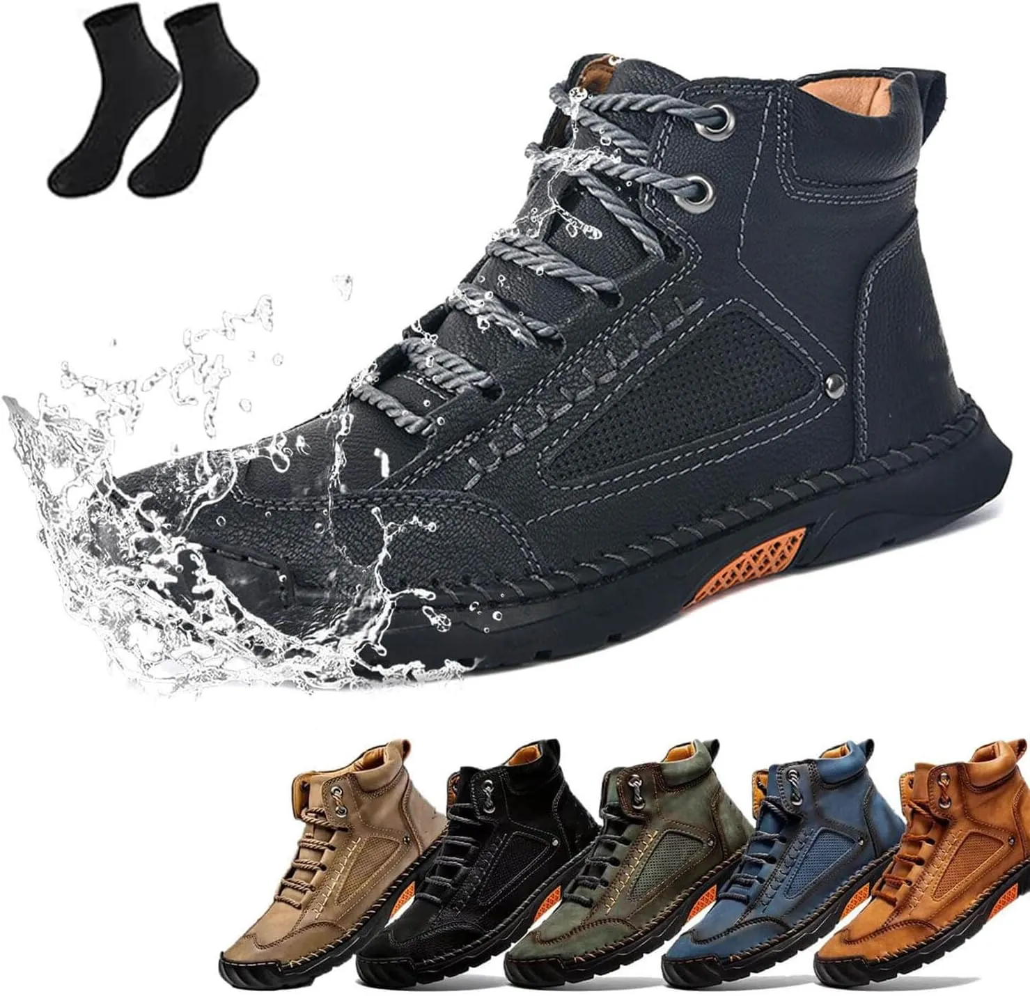 Sawbehind Men's Comfortable Handmade Leather Boots, Waterproof, Arch Support, Outdoor Spacious Toe Box Boots Leather Shoes