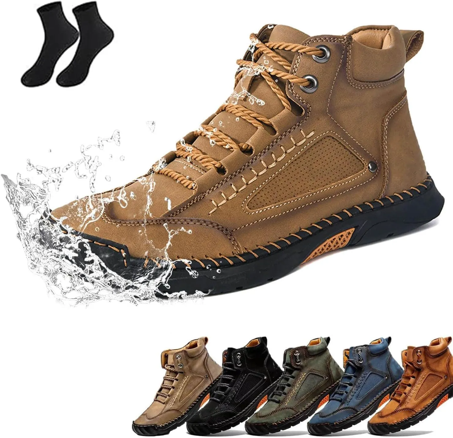 Sawbehind Men's Comfortable Handmade Leather Boots, Waterproof, Arch Support, Outdoor Spacious Toe Box Boots Leather Shoes