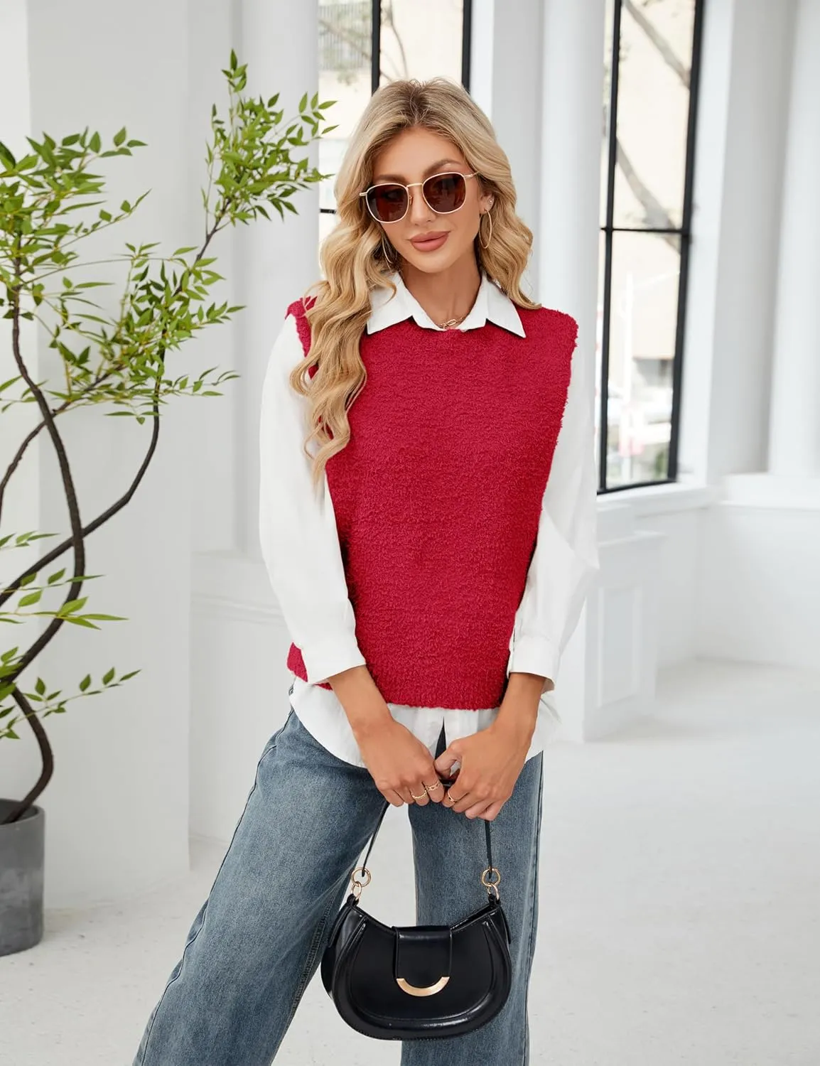 SCUSTY Women's Fuzzy Knit Vest Sleeeveless Casual Crew Neck Loose Lightweight Sweater Pullover Top Fall Winter Outfit