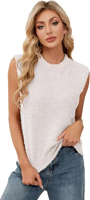 SCUSTY Women's Fuzzy Knit Vest Sleeeveless Casual Crew Neck Loose Lightweight Sweater Pullover Top Fall Winter Outfit