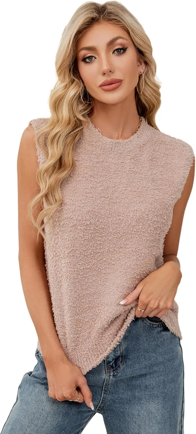 SCUSTY Women's Fuzzy Knit Vest Sleeeveless Casual Crew Neck Loose Lightweight Sweater Pullover Top Fall Winter Outfit