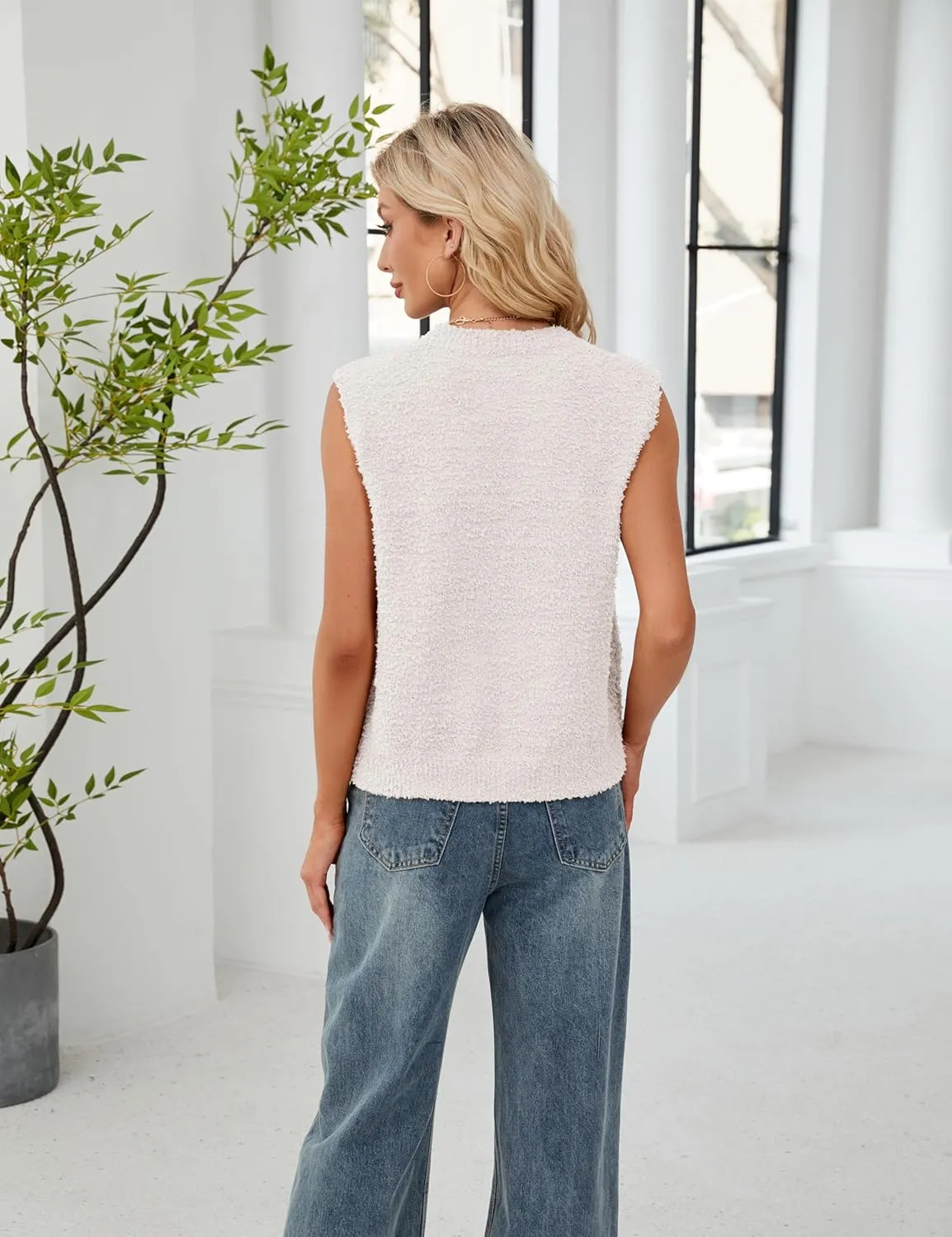 SCUSTY Women's Fuzzy Knit Vest Sleeeveless Casual Crew Neck Loose Lightweight Sweater Pullover Top Fall Winter Outfit