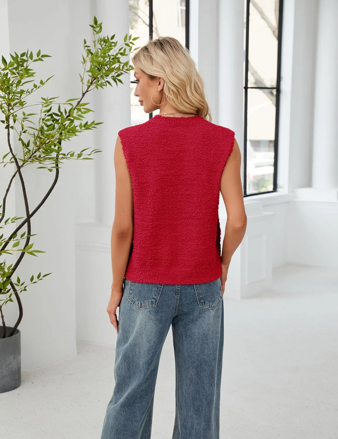 SCUSTY Women's Fuzzy Knit Vest Sleeeveless Casual Crew Neck Loose Lightweight Sweater Pullover Top Fall Winter Outfit