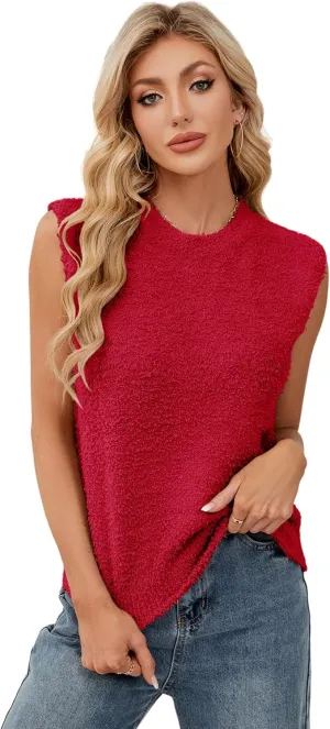 SCUSTY Women's Fuzzy Knit Vest Sleeeveless Casual Crew Neck Loose Lightweight Sweater Pullover Top Fall Winter Outfit