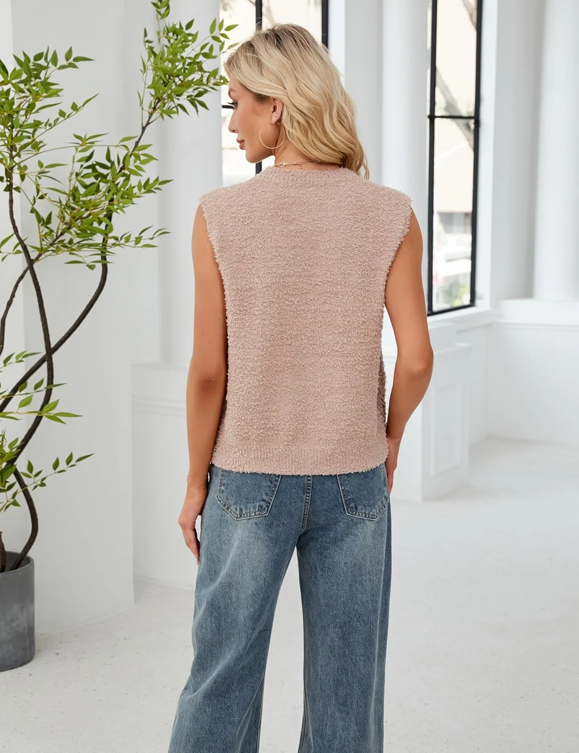 SCUSTY Women's Fuzzy Knit Vest Sleeeveless Casual Crew Neck Loose Lightweight Sweater Pullover Top Fall Winter Outfit