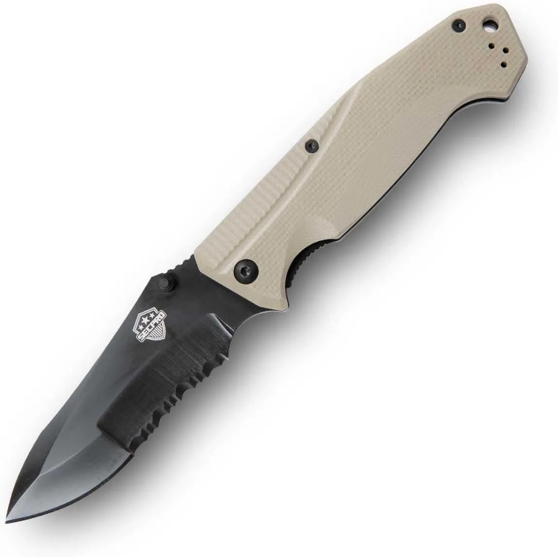 SecPro Insurgent Tactical Folding Knife, Military Grade EDC, Black Serrated Blade, Tan Handle