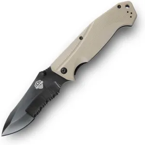 SecPro Insurgent Tactical Folding Knife, Military Grade EDC, Black Serrated Blade, Tan Handle