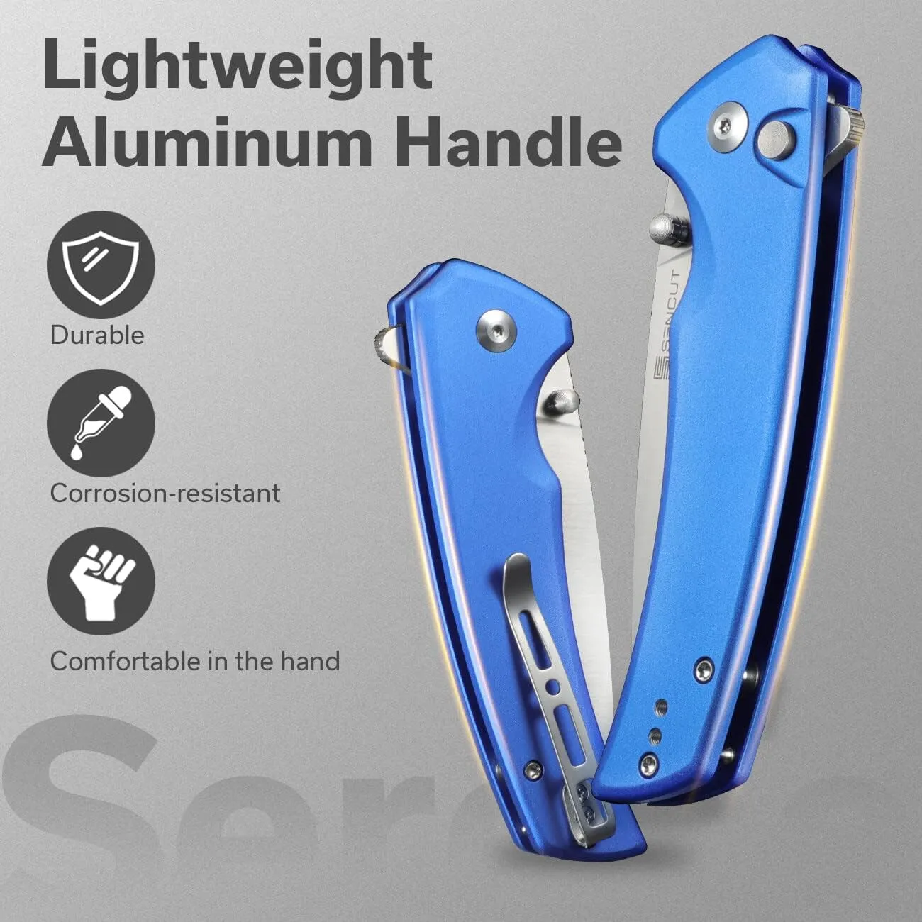 SENCUT Button Lock Pocket Knife for EDC, Serene Folding Knife, Thumb Stud & Flipper Opener, Aluminum Handle with 3.48" D2 Black Stonewashed Blade for Outdoor, Camping, Hunting S21022B-4 (Bright Blue)
