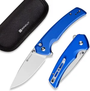 SENCUT Button Lock Pocket Knife for EDC, Serene Folding Knife, Thumb Stud & Flipper Opener, Aluminum Handle with 3.48" D2 Black Stonewashed Blade for Outdoor, Camping, Hunting S21022B-4 (Bright Blue)