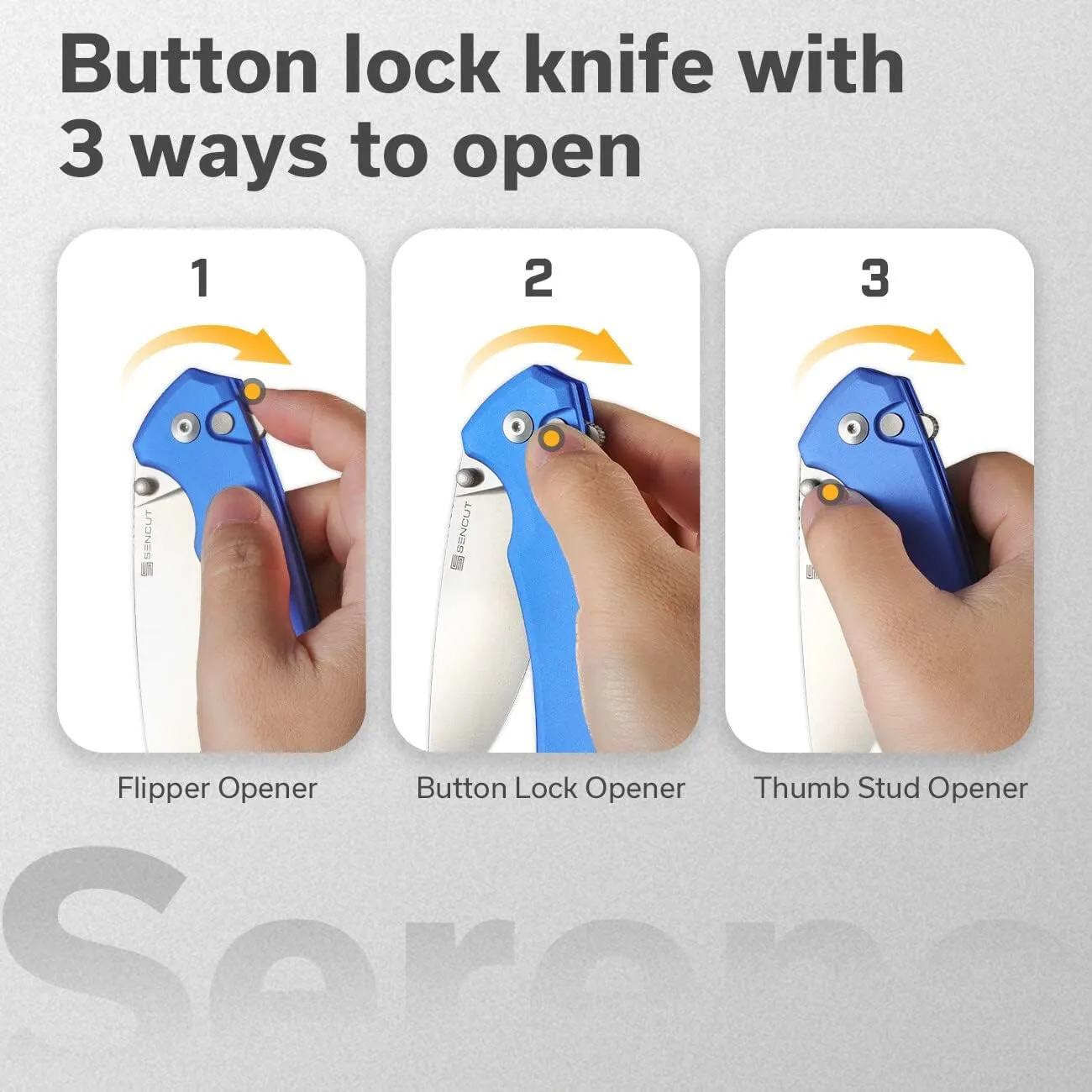 SENCUT Button Lock Pocket Knife for EDC, Serene Folding Knife, Thumb Stud & Flipper Opener, Aluminum Handle with 3.48" D2 Black Stonewashed Blade for Outdoor, Camping, Hunting S21022B-4 (Bright Blue)