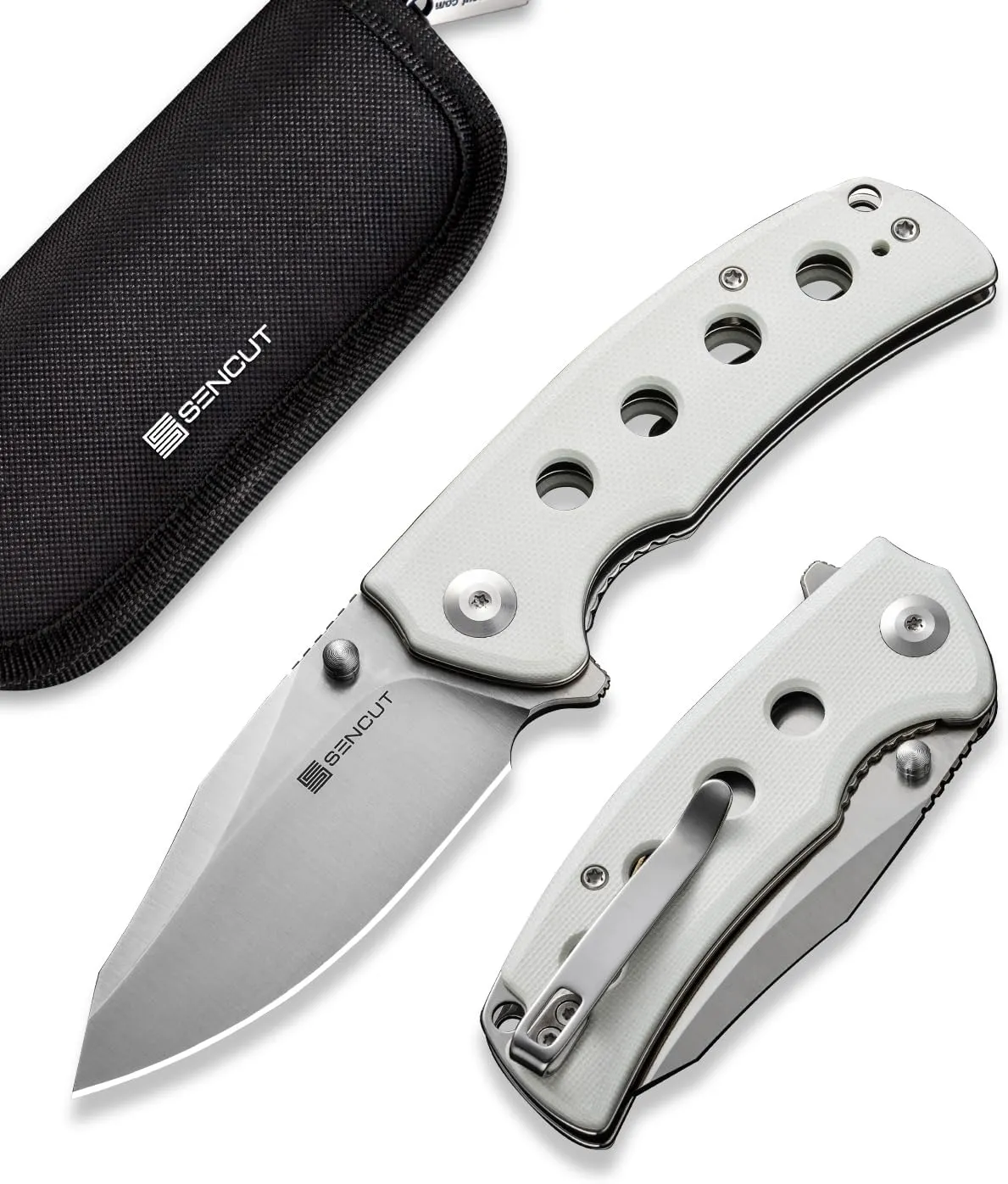 SENCUT Excalis Folding Pocket Knife, EDC Knife with 2.97" Blade & G10 Handle Camping Knife with Reversible Clip for Outdoor Men Women Gifts (White)