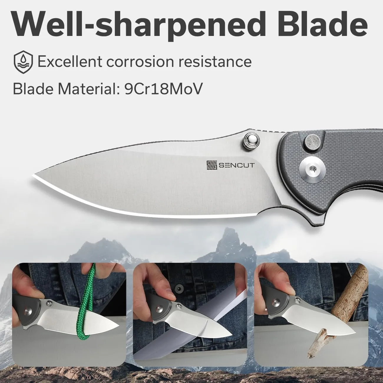SENCUT Pulsewave Button Lock Knife for EDC, Folding Pocket knife with Gray G10 Handle and 3.45" 9Cr18MoV Blade, Outdoor Gift for Men and Women S23032-2