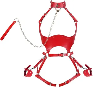 Sex Bondage BDSM Kit Restraints Set, Adjustable Restraint Harness Kit with Leash Wrist Cuffs and Waist Garter Belt Full Body Harness