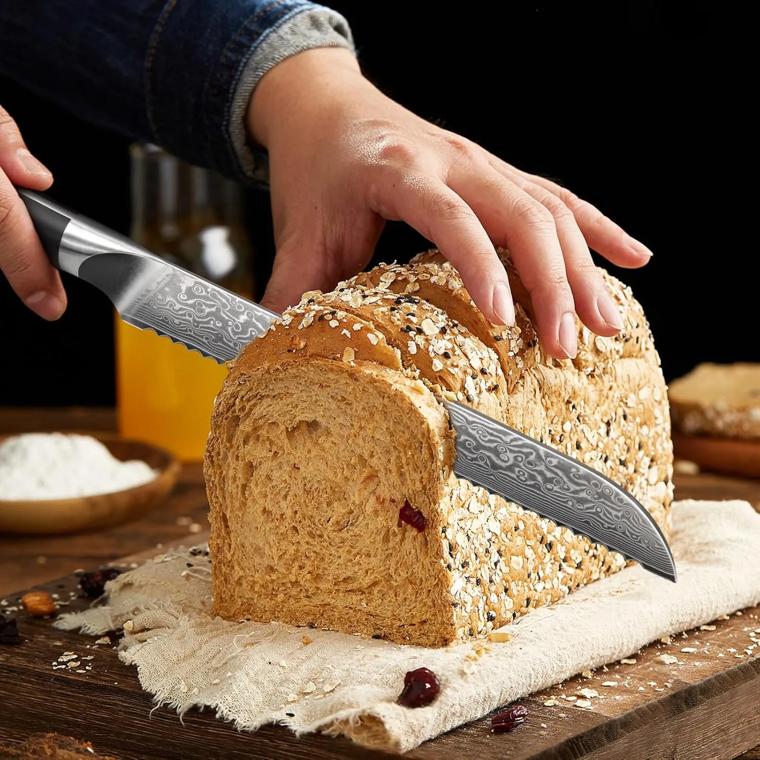 SHAN ZU Bread Knife 8 Inch Japanese Steel Damascus Serrated Knife Wave Edge, Professional Sharp 10Cr15Mov High Carbon Super Steel Cake Knife Bread Cutter with G10 Handle