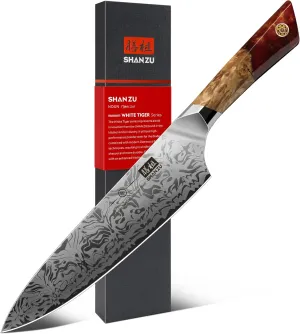 SHAN ZU Damascus Chef Knife, SG2 Powder Steel Japanese Kitchen Knife, 8 in Hand Forged 91 Layers Damascus Steel Ultra Sharp Knife with Ergonomic Maple Handle