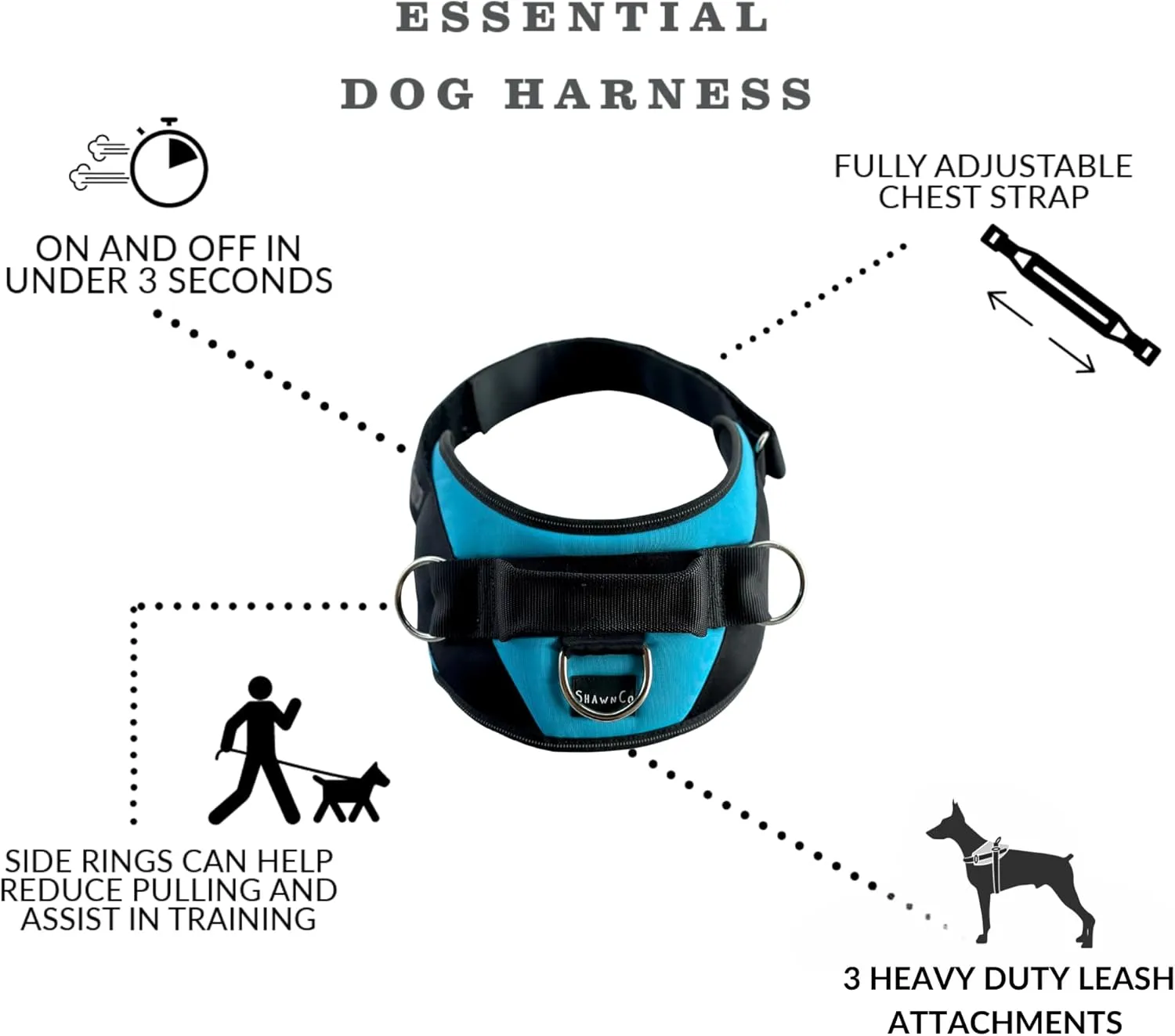 ShawnCo Essential Dog Harness, No-Pull Pet Vest with 3 Leash Clips, No Choke, Reflective, Adjustable and Padded, for Easy Walking and Training for Small, Medium and Large Dogs (Oceanic Blue, L)