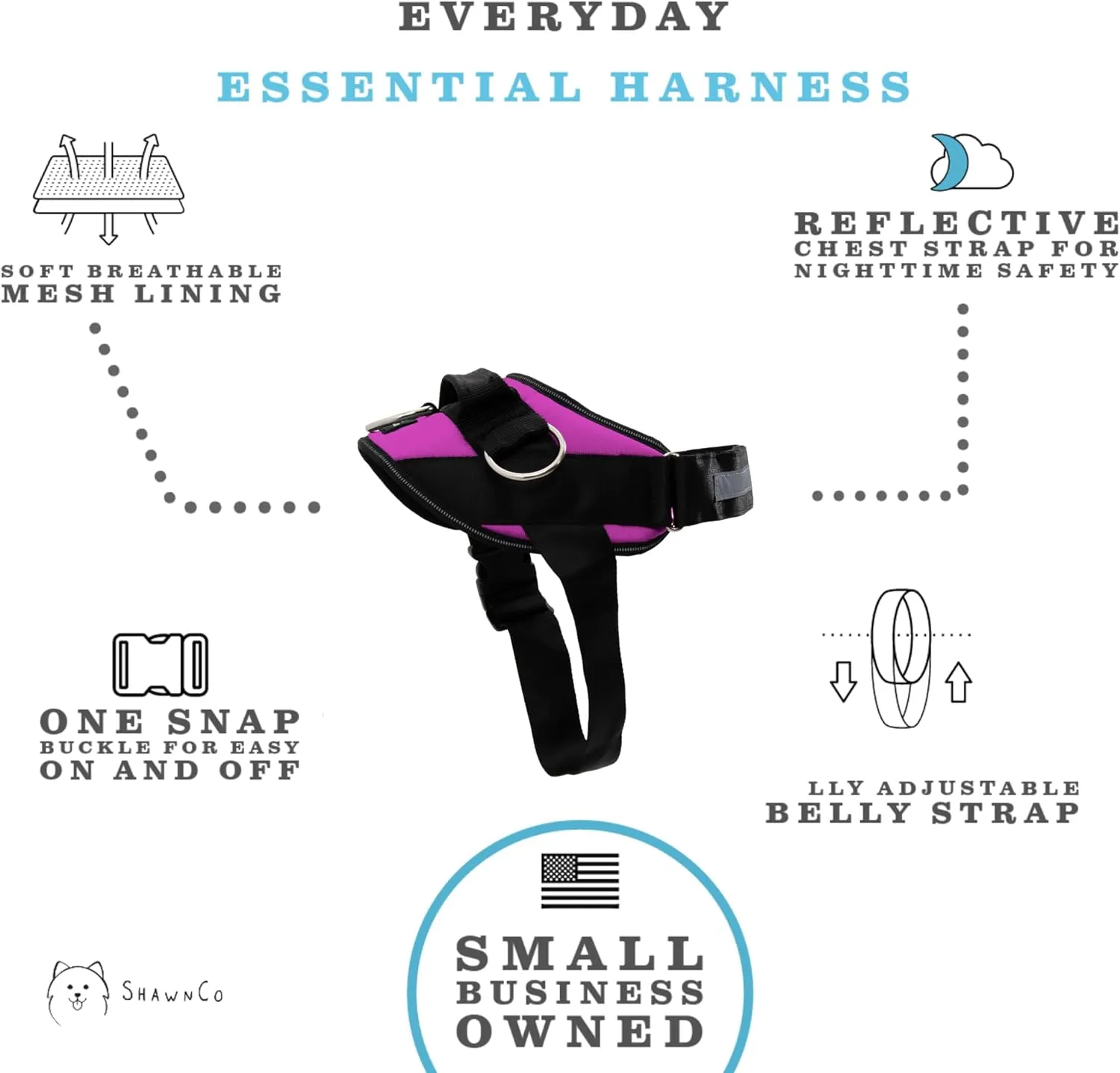 ShawnCo Essential Dog Harness, No-Pull Pet Vest with 3 Leash Clips, No Choke, Reflective, Adjustable and Padded, for Easy Walking and Training for Small, Medium and Large Dogs (Orchid, S)