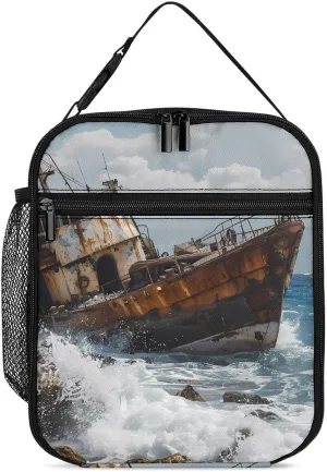 Shipwreck Waves Reef Insulated Lunch Bag Leakproof Insulated Cooler Bag with Handbags Side Pocket for Adults