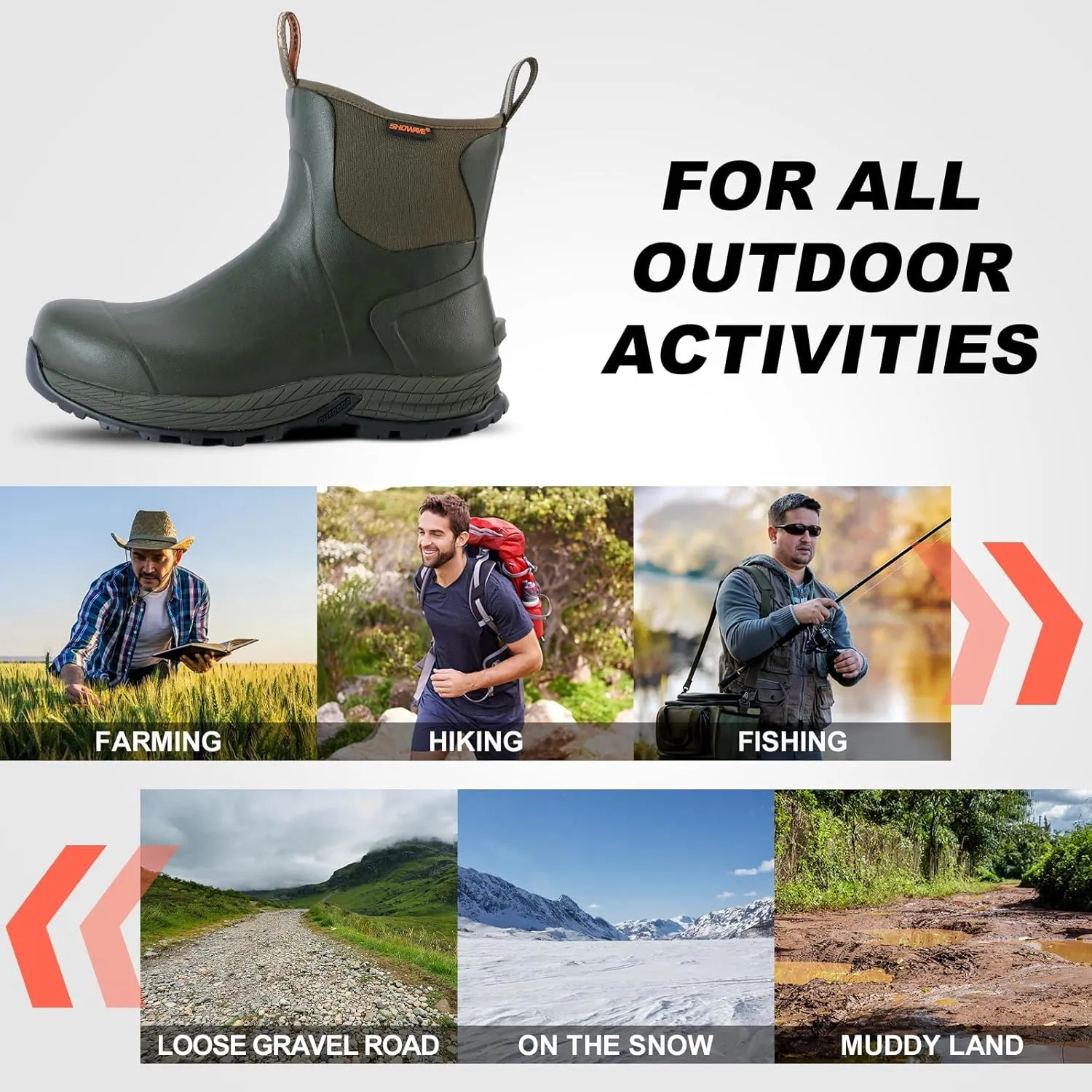 Showave Men's Rain Boots Waterproof Excursion Rubber Boots Insulated Mud Booties for Trekking Gardening Farming Camping Fishing and Chore Work