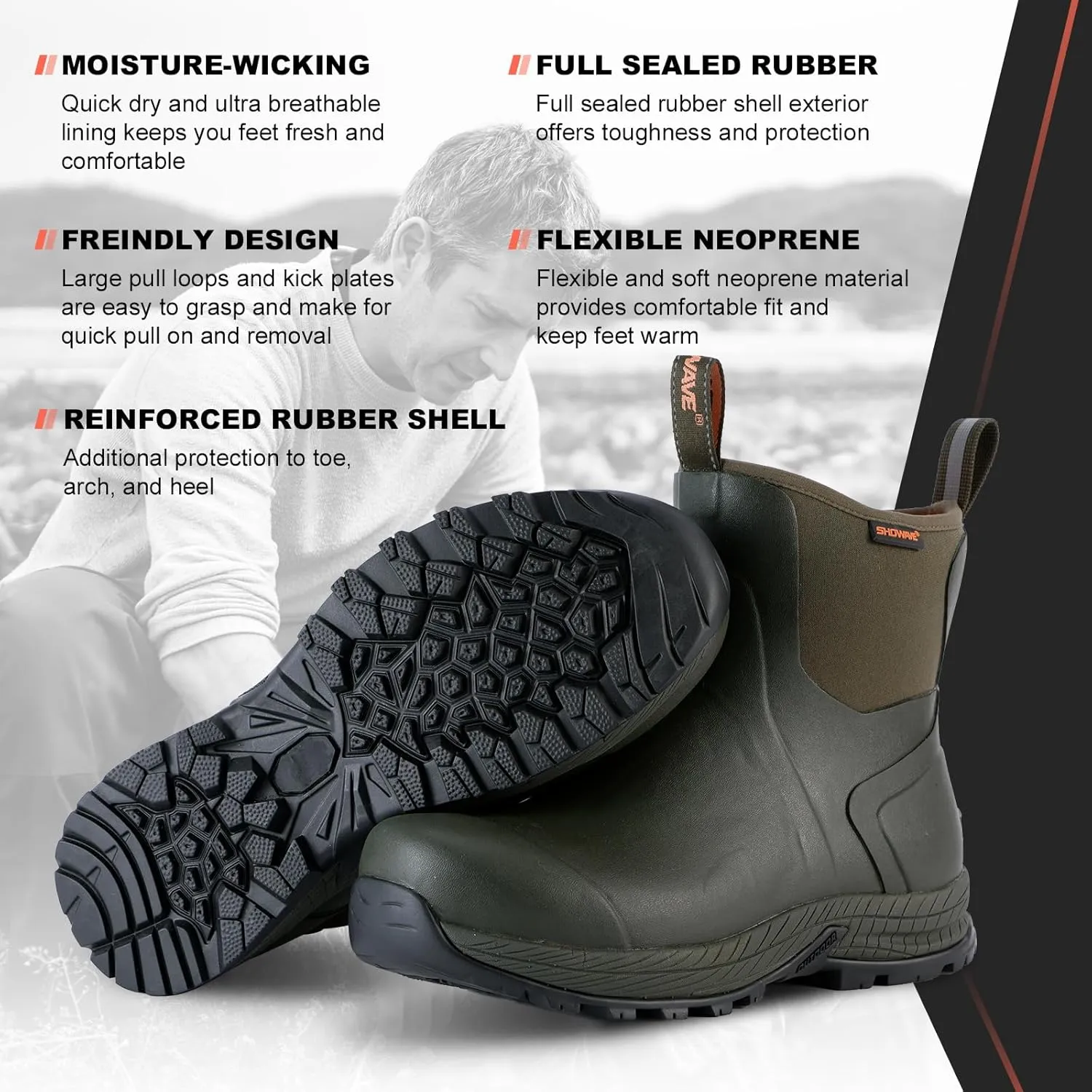 Showave Men's Rain Boots Waterproof Excursion Rubber Boots Insulated Mud Booties for Trekking Gardening Farming Camping Fishing and Chore Work