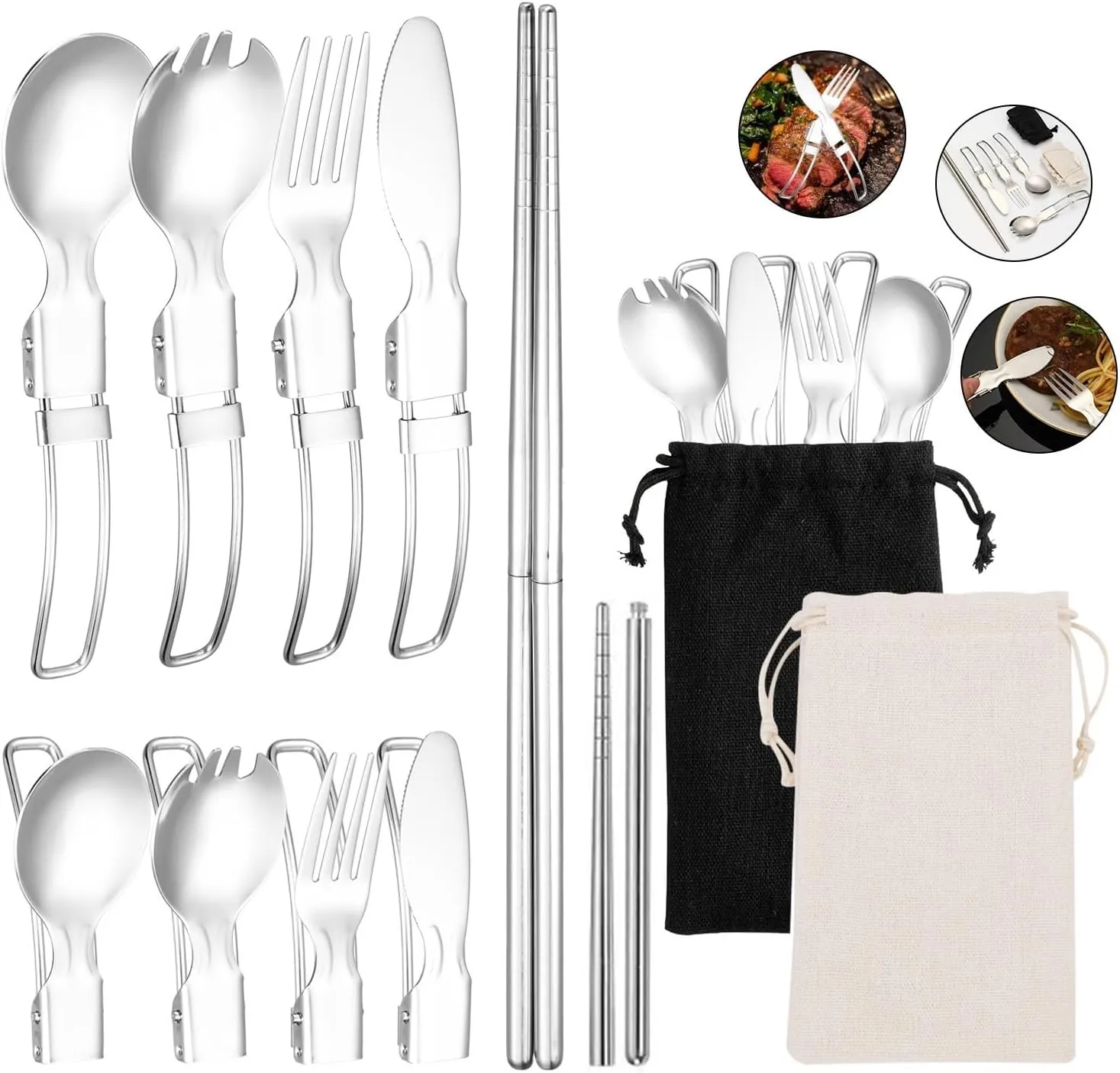 Silverware Set, 5/20/30/40/50/60pcs 304 Stainless Steel Folding Cutlery Knife, Fork, Spoon And Chopsticks Outdoor Picnic Storage Set Portable Cutlery, Home Cutlery Flatware Set(Black,40 Piec