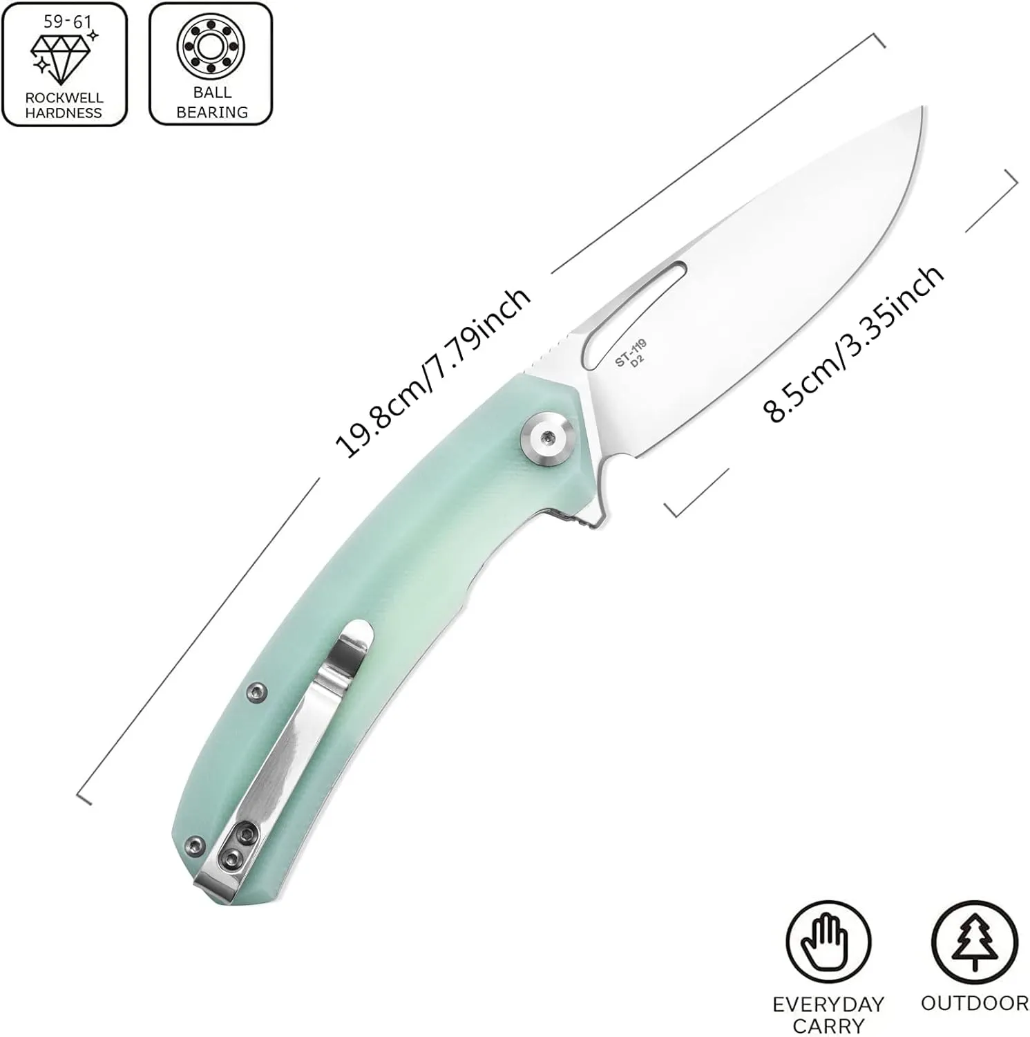 Sitivien ST119 Folding Knife, D2 Steel Blade and G10 Handle EDC Tool Knife with Pocket Clip for Outdoor Camping Hiking Survival(Jade)