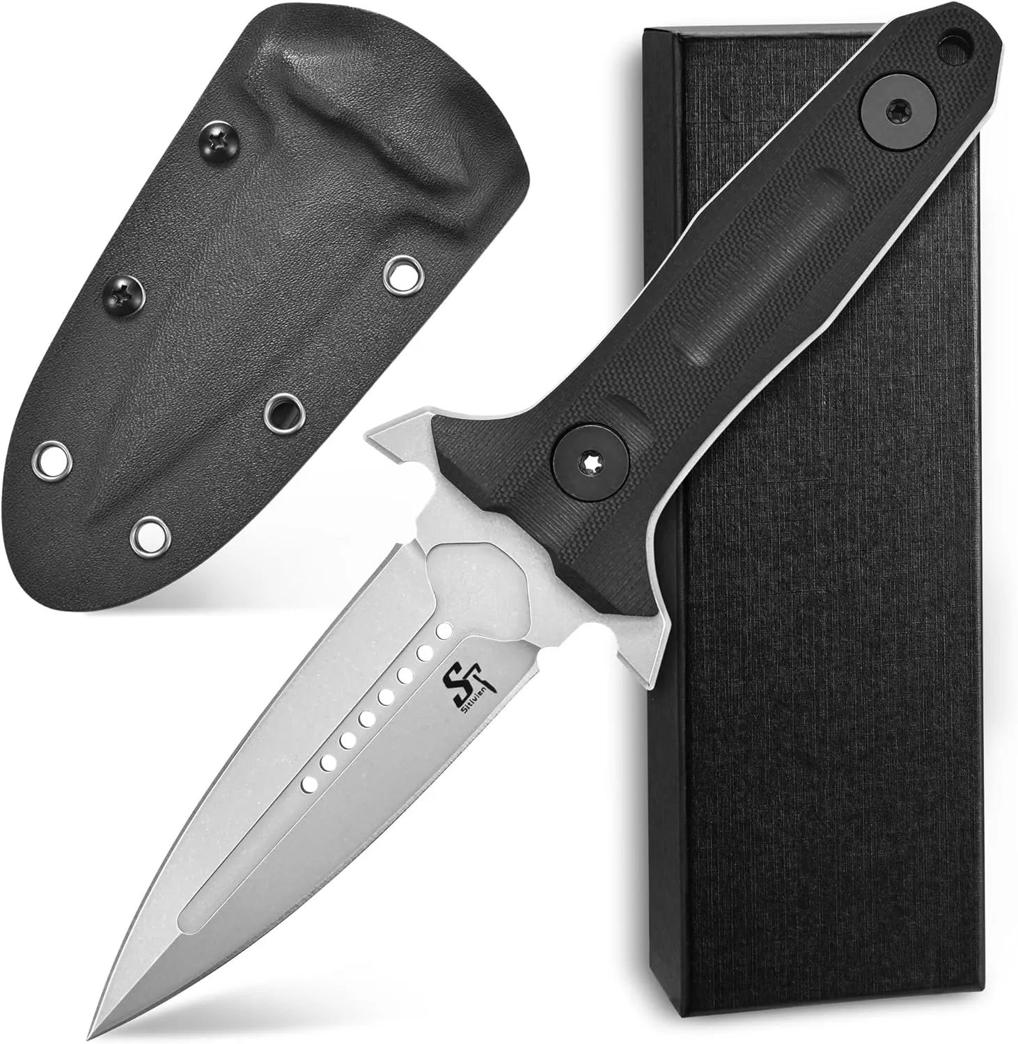 Sitivien ST15 Fixed Blade Knife DC53 Stonewashed Steel Blade G10 Handle Full Tang Camping Knife for Outdoor, Tactical, Survival and EDC (Silver)
