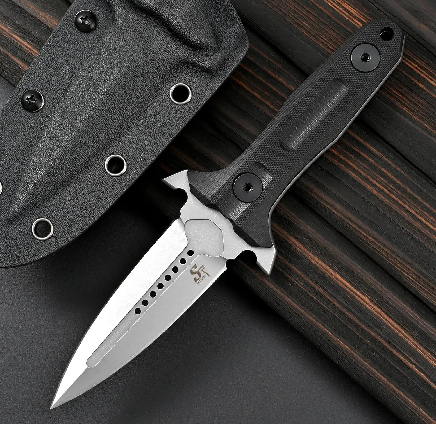 Sitivien ST15 Fixed Blade Knife DC53 Stonewashed Steel Blade G10 Handle Full Tang Camping Knife for Outdoor, Tactical, Survival and EDC (Silver)