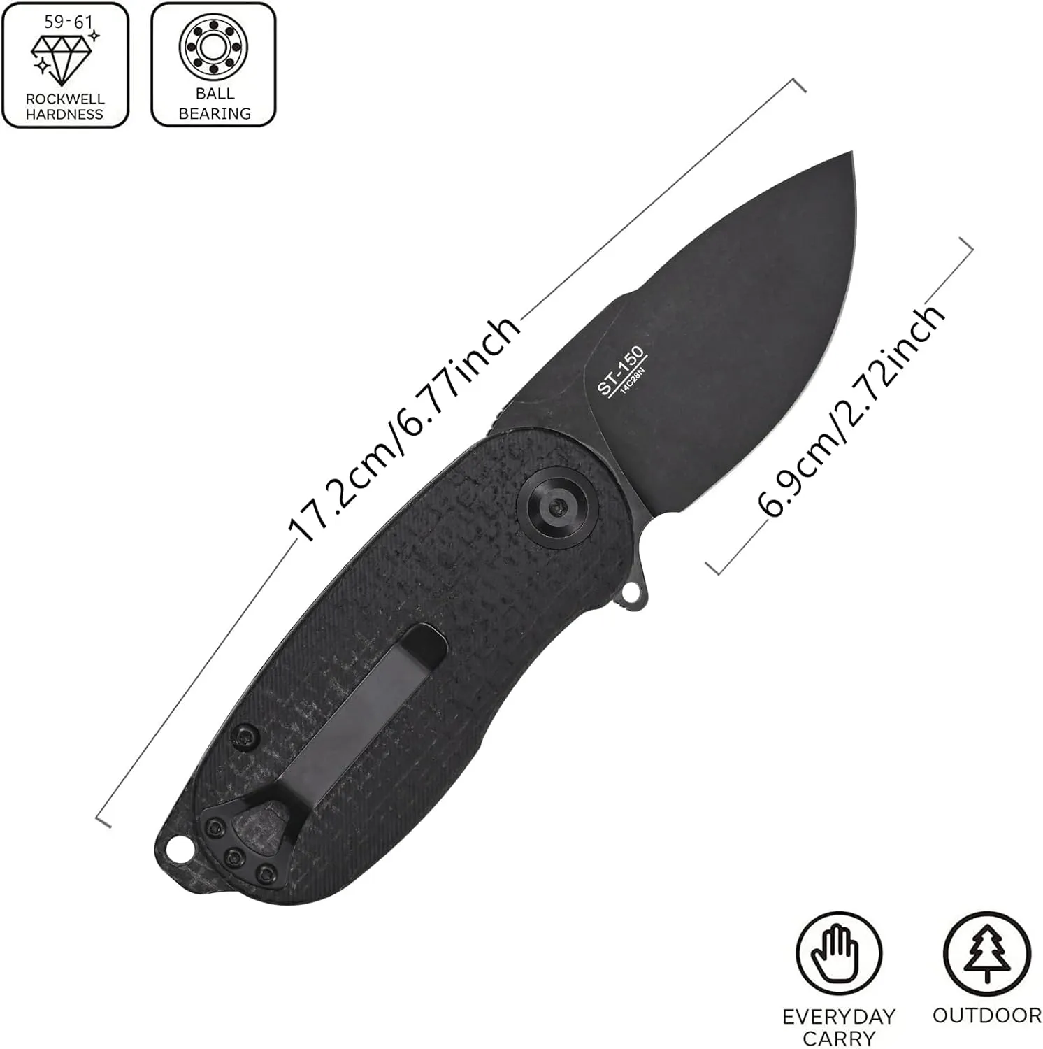 Sitivien ST150 Pocket Folding Knife,Sandvik 14C28N Black Stonewashed Blade with Micarta Handles EDC Tool Knifes for Outdoor Survival,Camping,Hiking,Hunting,Fishing(Black) … …