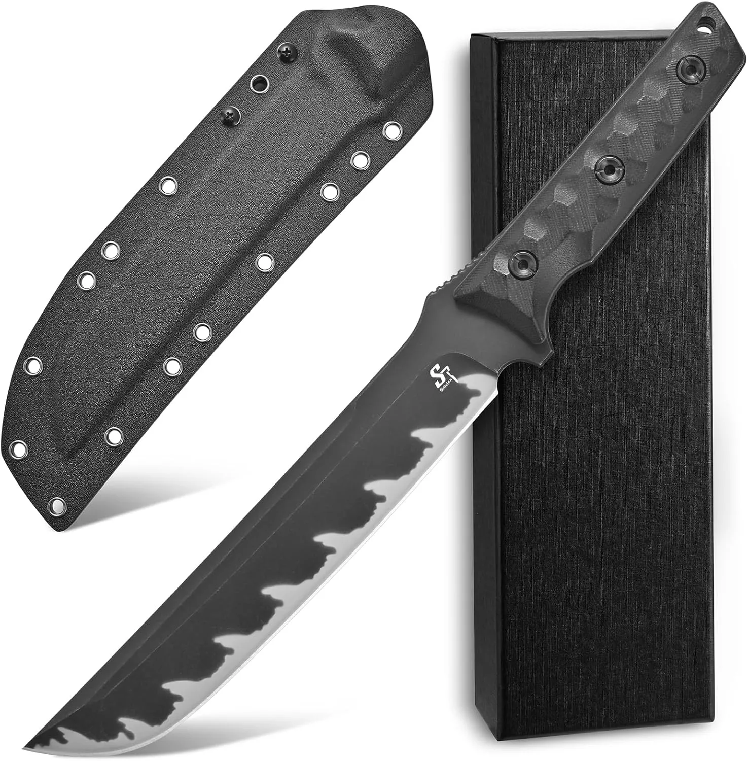 Sitivien ST25 Fixed Blade Knife AUS-10 Black Stonewashed Steel Blade G10 Handle Full Tang EDC Tool Straight Knife for Working Camping Hunting(Black)