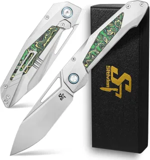 Sitivien ST666 Folding Knife,Handmade M390 Pearlescent Polishing Blade,Titanium & Colorful Carbon Fiber Handle Pocket Knife EDC Tool Knifes for Outdoor Camping,Hiking,Hunting(Green)