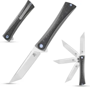 Sitivien ST994 Folding Knife,Handmade M390 Brushed Steel Blade Pocket Knife,Titanium Carbon Fiber Handle EDC Tool Knife for Outdoor Camping Hiking Survival Fishing(Gray) … …