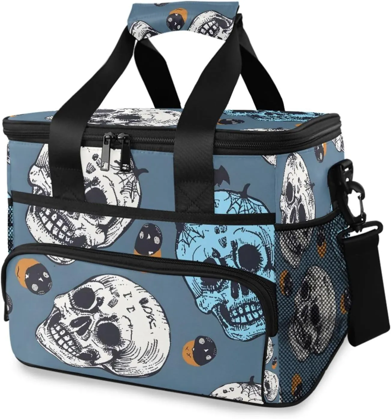 Skeleton Skulls Blue Pattern Cooler Bag Insulated Cooler Soft Sided Cooler 24 Can Portable Picnic Bag Large Leakproof Lunch Bag Box for Beach Grocery Camping Travel Car Men Women