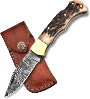 Skokie Knives Handmade Damascus Folding Knife – 7.5" EDC Pocket Knife with Camel Bone Handle, Brass Bolster & Leather Sheath – Compact & Durable for Outdoor, Hunting & Collectors