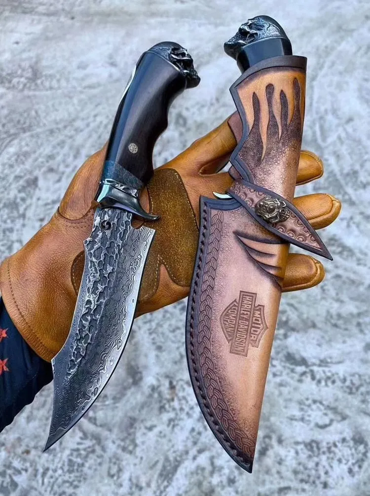 Skull Head Handmade Damascus Steel Outdoor Knife