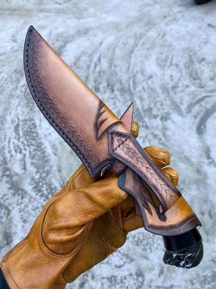 Skull Head Handmade Damascus Steel Outdoor Knife