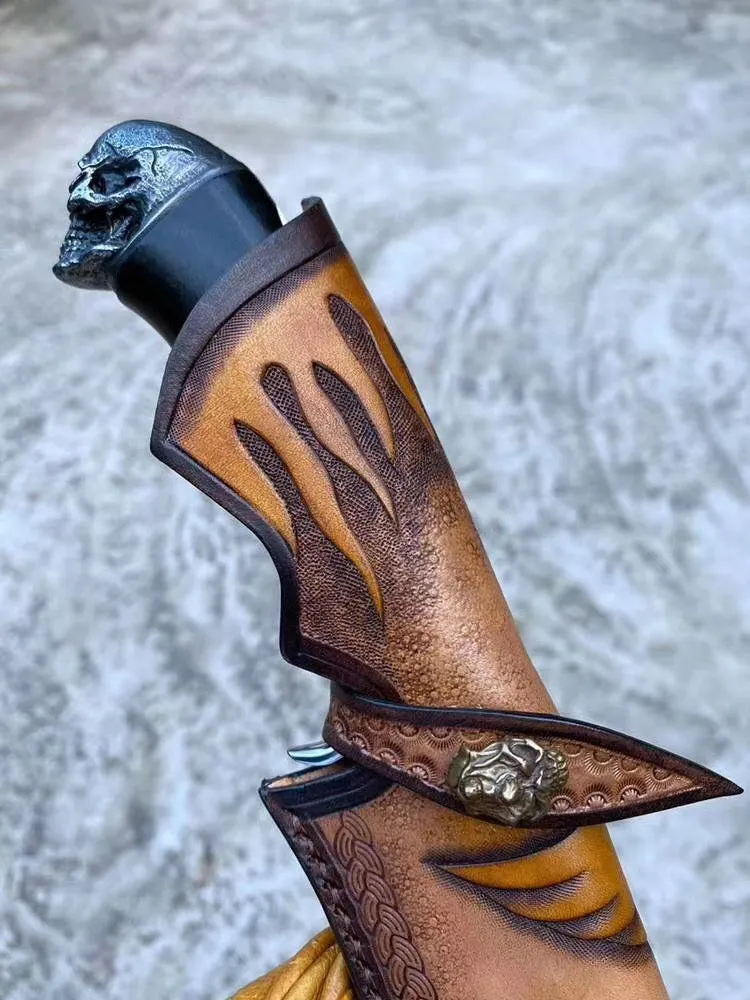 Skull Head Handmade Damascus Steel Outdoor Knife