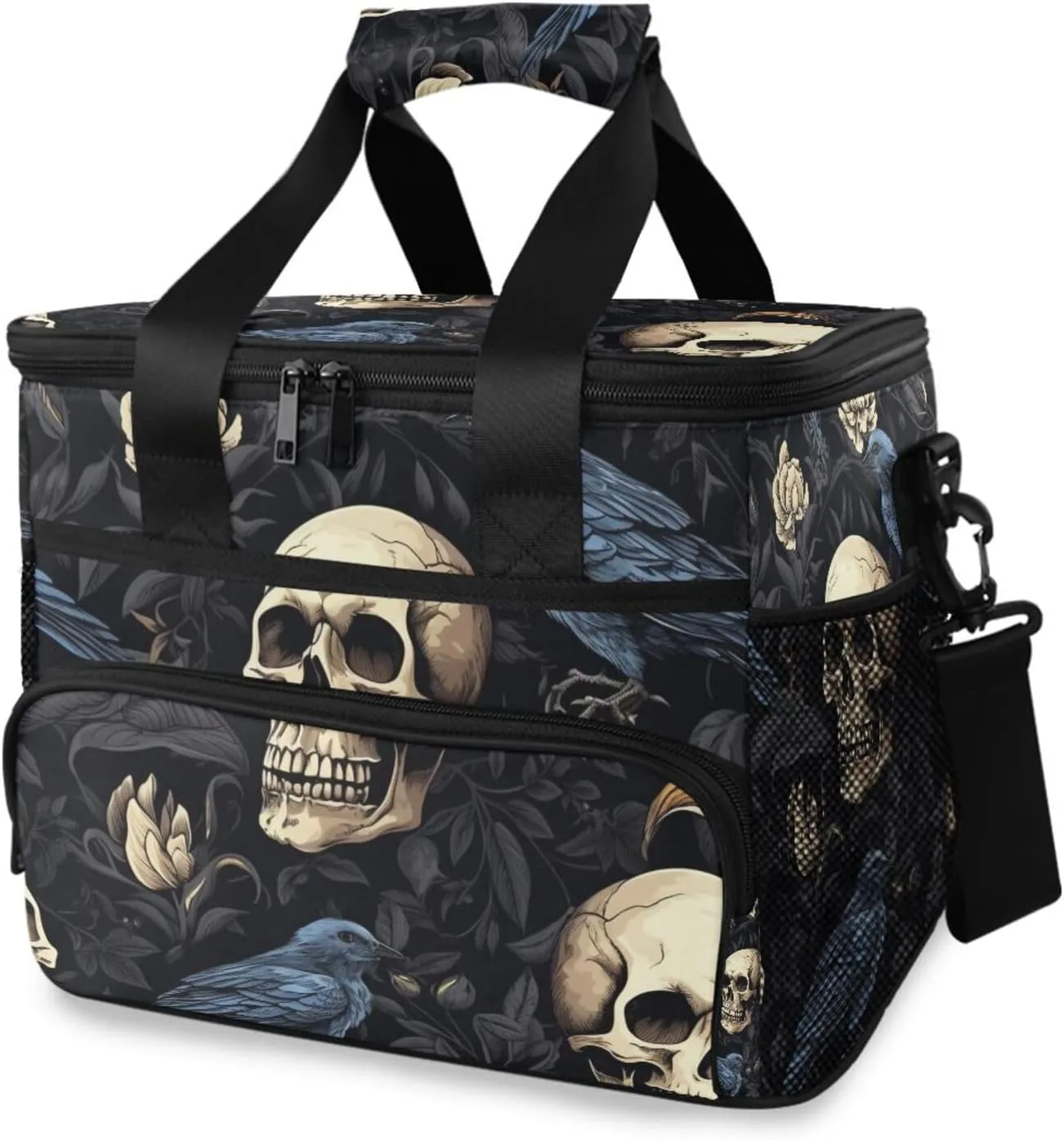 Skull Head Skeleton Bird Cooler Bag Insulated Cooler Soft Sided Cooler 24 Can Portable Picnic Bag Large Leakproof Lunch Bag Box for Beach Grocery Camping Travel Car Men Women