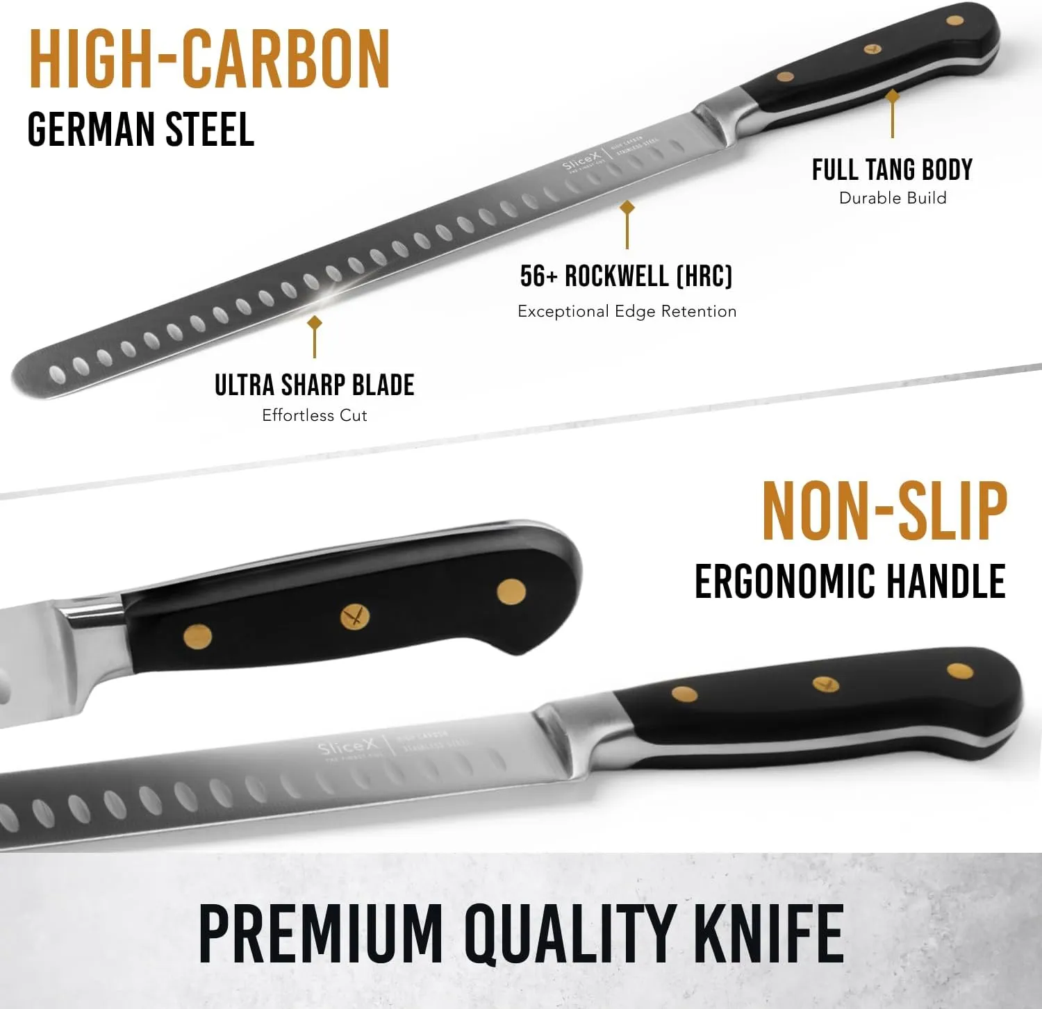 SliceX Brisket Slicing Knife – 12" Brisket Knife, BBQ, Grilling Gifts For Men – Razor Sharp German Steel, Full Tang, Ergonomic Handle